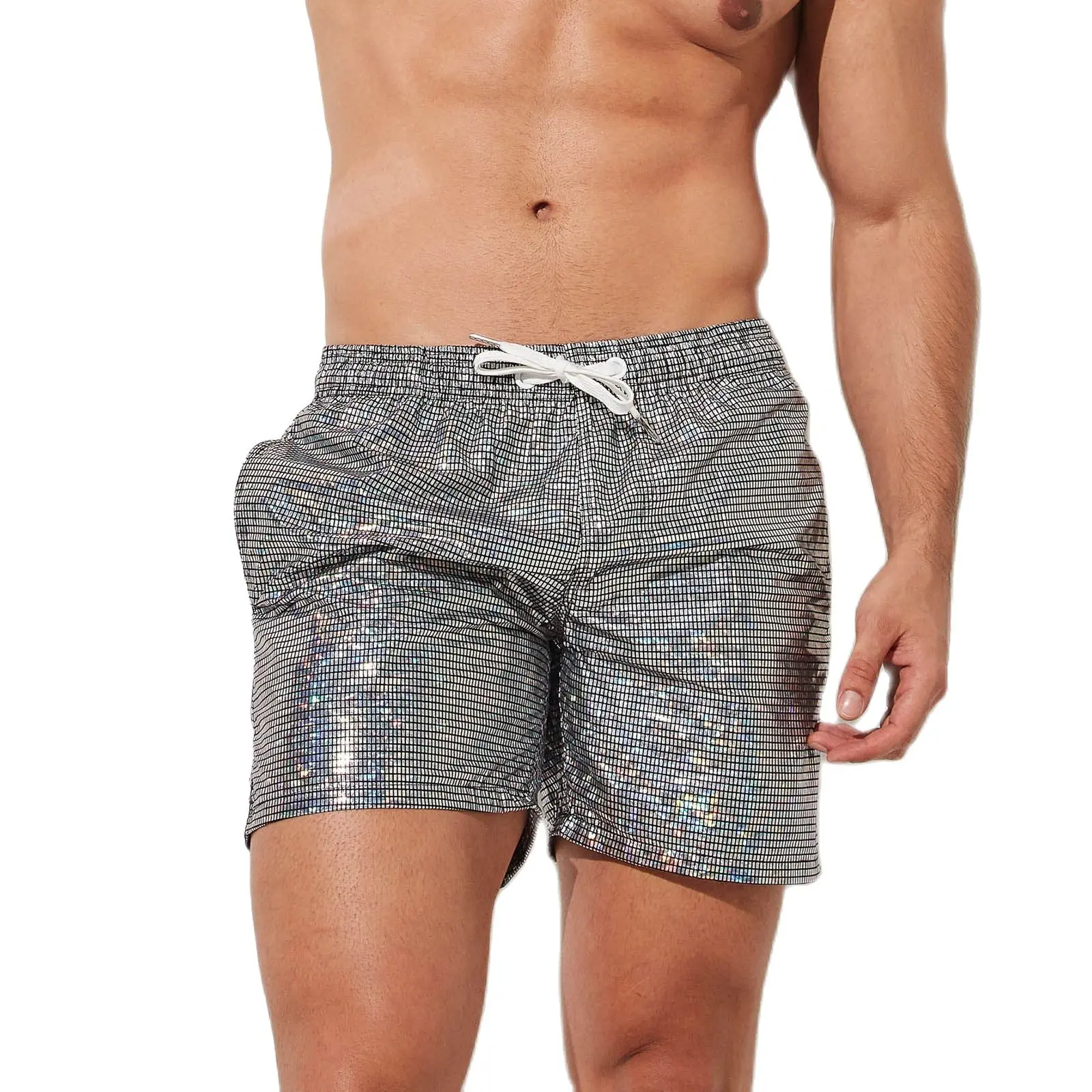 Strand Board Mann Badeshorts Männer Bademode Silbrig Glanz Surfen Badehose Boxer Kunstleder Beachwear Gymwear Image
