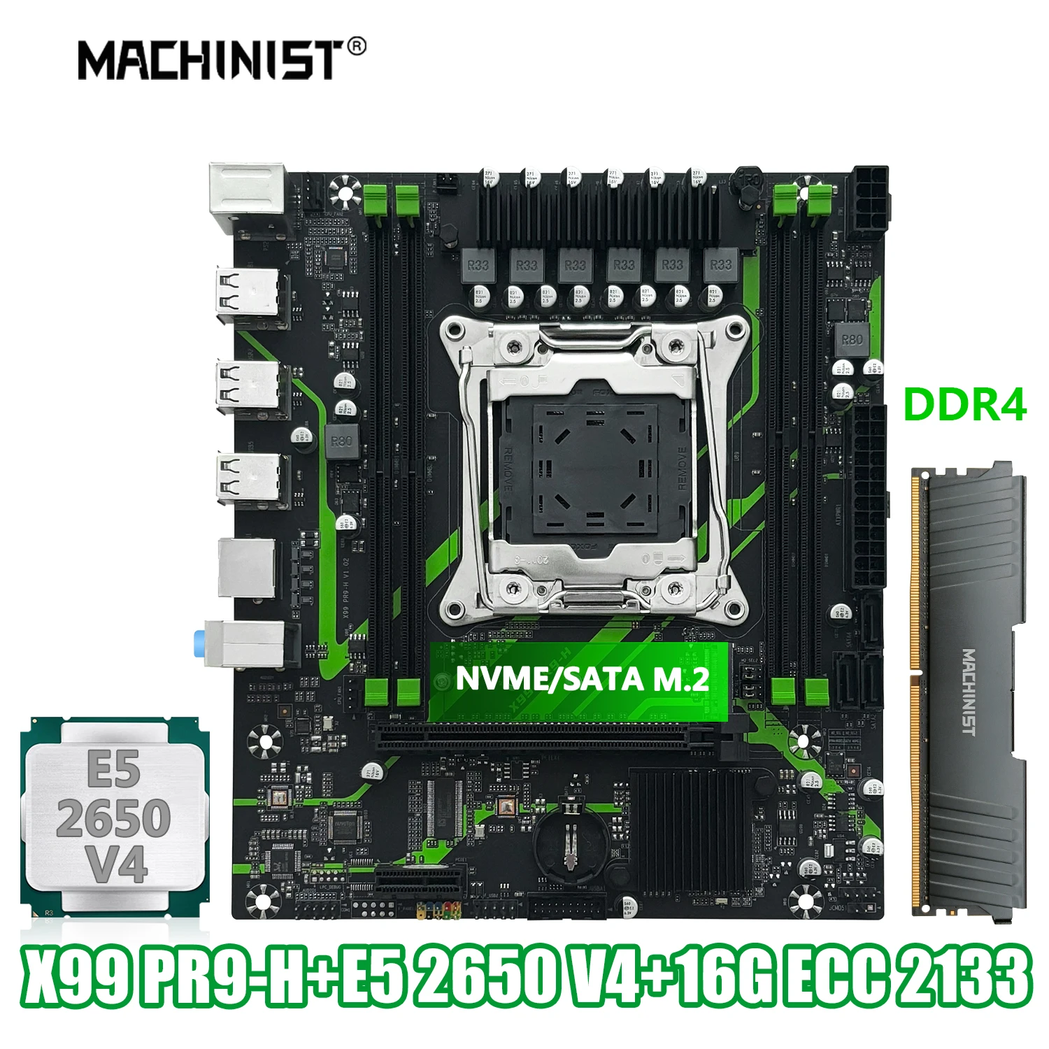 MACHINIST X99 PR9-H Motherboard, optionales Kit mit LGA2011-3 Xeon E5 2650 V4 CPU, DDR4 16 GB (1 x 16 GB) 2133 MHz RAM-Speicher, NVME M.2 Image