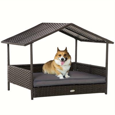 TEMU Pawhut Wicker Dog House Outdoor With Canopy, Rattan Dog Bed With Water-resistant Cushion, For Small And Medium Dogs