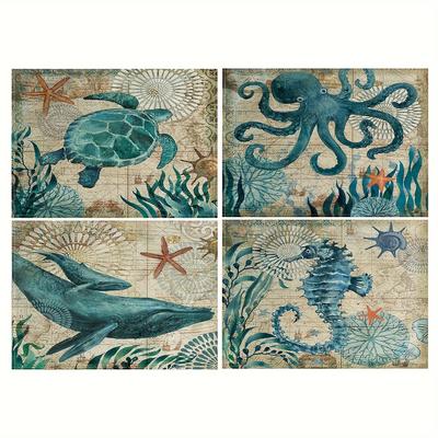 TEMU Set Of 4 Turtle Whale Seahorse Octopus Sea Animal Placemat Set - Marine Theme Vintage Polyester Placemat & Kitchen Decoration Placemat, 12x18 Inches Image