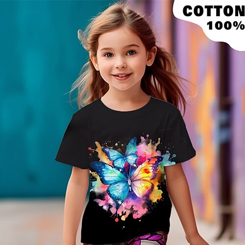Mädchen 3D Graphic Schmetterling T-Shirt Kurzarm 3D-Druck Sommer Frühling Aktiv Modisch Kuschelig 100% Baumwolle kinderkleidung 3-12 Jahre Outdoor Casual Täglich Regular Fit Image