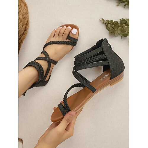 Flache Riemchensandalen im Boho-Stil für Damen mit geflochtenem Design – bequeme und stylische offene Schuhe für Sommer, Strand und Freizeit Image