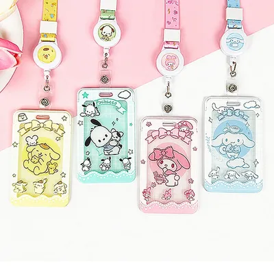 Kawaii Sanrios Bus Card Protective Cover Anime Kuromi Hellokittys Pochacco Student Meat Keyring Card