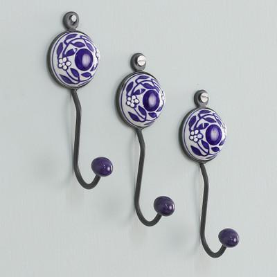 Blue Appeal,'Set of 3 Hand-Painted Ceramic Floral and Leaf Coat Hooks'