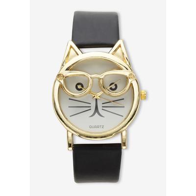 Women's Cat Watch Gold Tone With Adjustable Black Strap 8" Length by PalmBeach Jewelry in Gold (Size ONE SIZE)