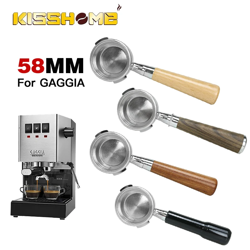 Portafiltro per caffè Portafiltro senza fondo da 58 mm per Gaggia Classic Manico in legno massello Strumenti per barista Accessori per macchine da caffè espresso