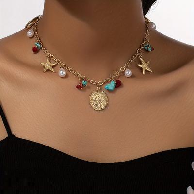 TEMU Boho Necklace Vintage Seashell Starfish Faux Pearl Turquoise Decor Clavicle Chain Elegant Necklace Jewelry Accessories For Women Image