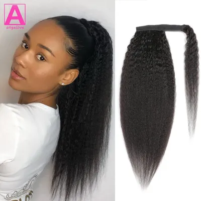 Kinky Straight Ponytail Human Hair Extension 100g Wrap Around Clip In Ponytail Natural Black #1B