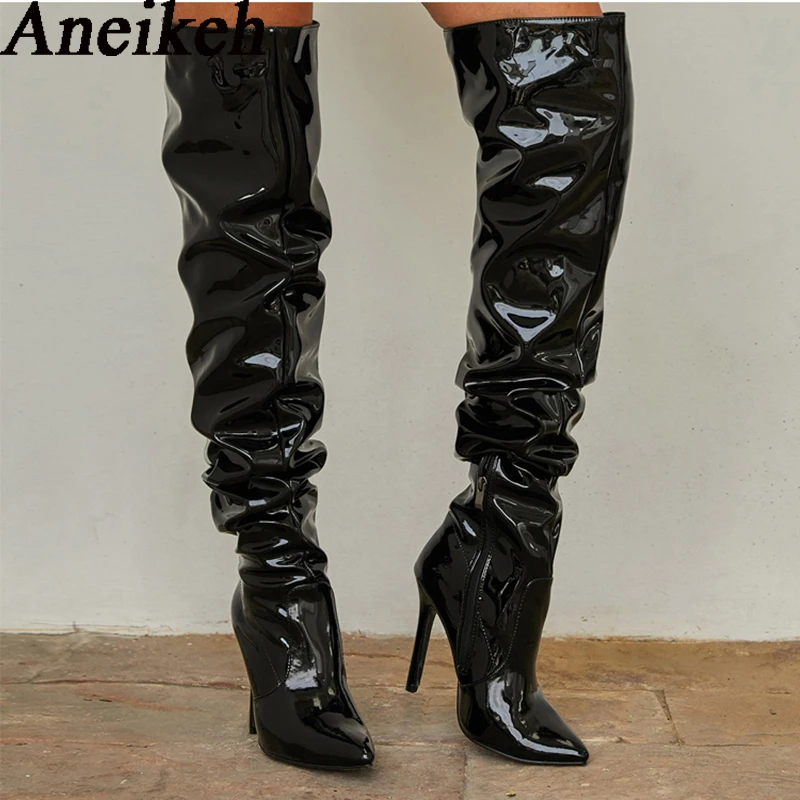 Aneikeh Patent Leder Über Das Knie Chelsea Stiefel Frauen Schuhe Heels Fashion Solid Sexy Thin High Heel Seite Reißverschlüsse Stiefel Weibliche