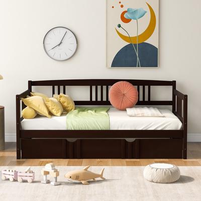 Twin Wood Daybed with Rails, Twin Bed Wooden Slats Support Modern Living Daybed with Trundle Bed