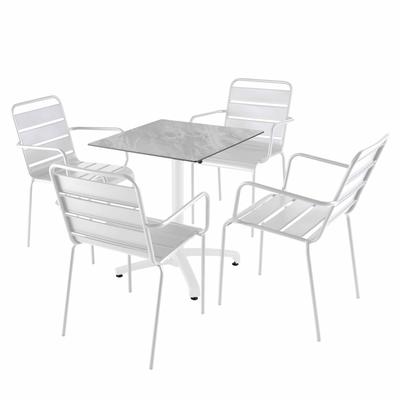 Tisch 70x70 cm neigbar Marmor und 4 Stühle aus Weißmetall