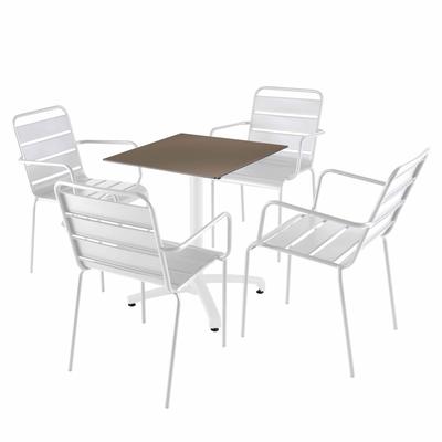 Tisch 60x60 cm neigbar Taupe und 4 Stühle aus Weißmetall