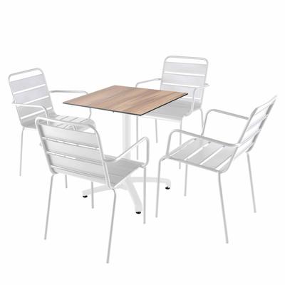 Tisch 70x70 cm neigbar dunkle Eiche und 4 Stühle aus weißem Metall