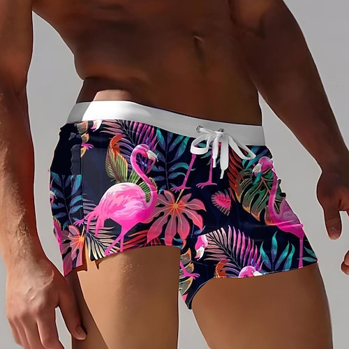 Herren Blatt Flamingo Pflanzen Badehosen Badeshorts Boxer-Badeshorts Mittlere Taille Mode Designer Surfen Ferien Strand Kordelzug Tasche Elastischer Bund Designer Bekleidung Image