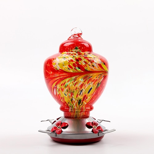 Kolibri-Futterspender, Vogelfutterspender aus Glas mit farbigem mundgeblasenem Glas, auslaufsichere Nektarkapazität. Kolibri-Futterspender, Gartenvogelfutterspender mit Ameisengrabenhaken, leicht zu reinigen und zu befüllen Image