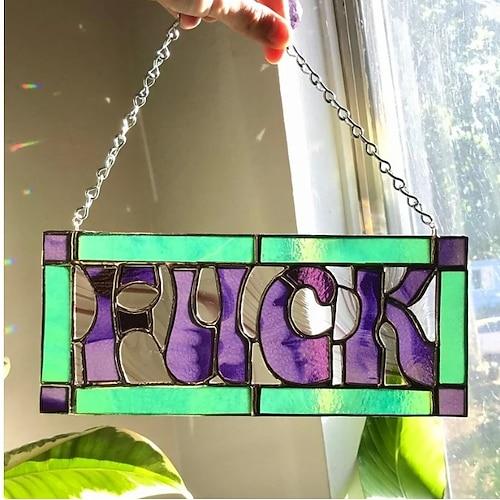 Fck-Sonnenfänger, das Fck-Panel, Sonnenfänger für Innenfenster, lustige Buntglas-Fck-Panels, Deko-Sonnenfänger für Fenster und Wand mit Metallkette, Buntglas-The-Fck-Panel