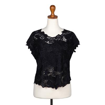 Night Bloom,'Hand-Embroidered Black Rayon Blouse with Floral Motif'