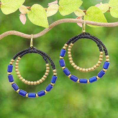 Indigo Glam,'Blue Magnesite & Brass Beaded Double Hoop Dangle Earrings'