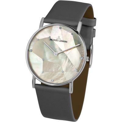 Quarzuhr JACQUES LEMANS "York", grau (dunkelgrau), Armbanduhren, Damen, Armbanduhr,Damen,Perlmutt-Zifferblatt,Swarovski-Kristalle,Lederarmband Image