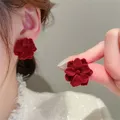 Boucles d'oreilles en velours rouge vin pour femmes clou de fleur rose bijoux élégants mode