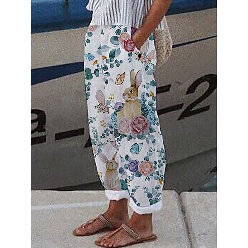 Damen Hosen Hose Gerade Streetwear Lässig Lang Hohe Taille Blumen Tasche Drucken Elastisches Kordelzugdesign Atmungsaktivität Weich Mikroelastisch Urlaub Straße Alltagskleidung Weiß Gelb Rot Blau Image