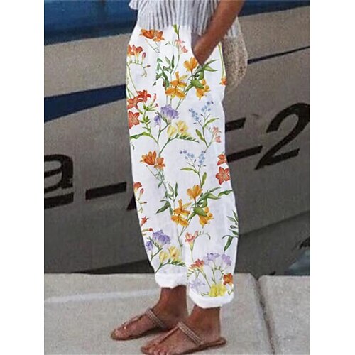 Damen Hosen Hose Gerade Streetwear Lässig Lang Hohe Taille Blumen Tasche Drucken Elastisches Kordelzugdesign Atmungsaktivität Weich Mikroelastisch Urlaub Straße Alltagskleidung Weiß Gelb Rot Blau Image