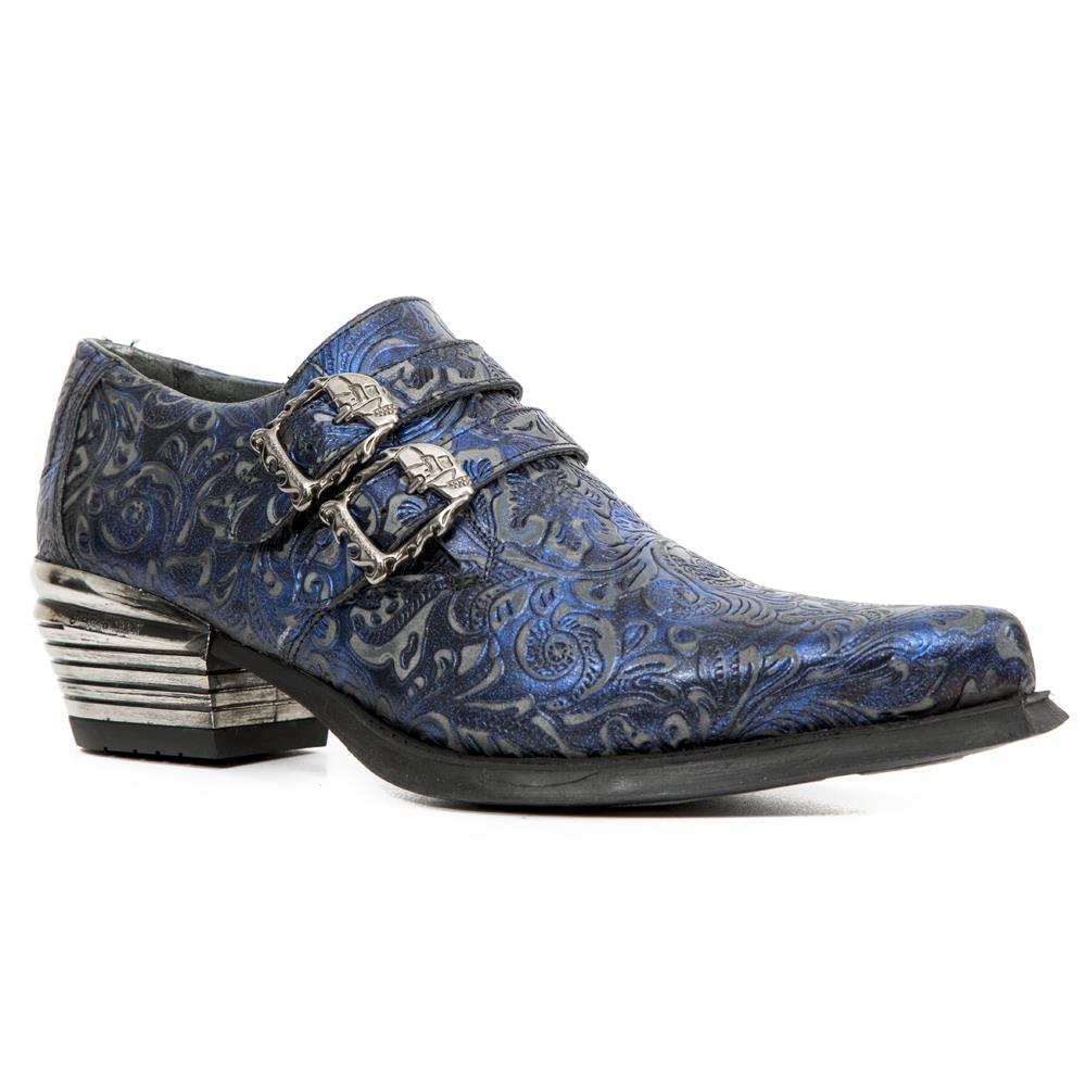 New Rock Vintage-Lederschnallen-Schuhe, Floral-Design, Modell 7960-S7 - Blau