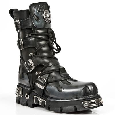 New Rock Flame Akzentuierte schwarz/silberne Lederstiefel-591-S2 Image