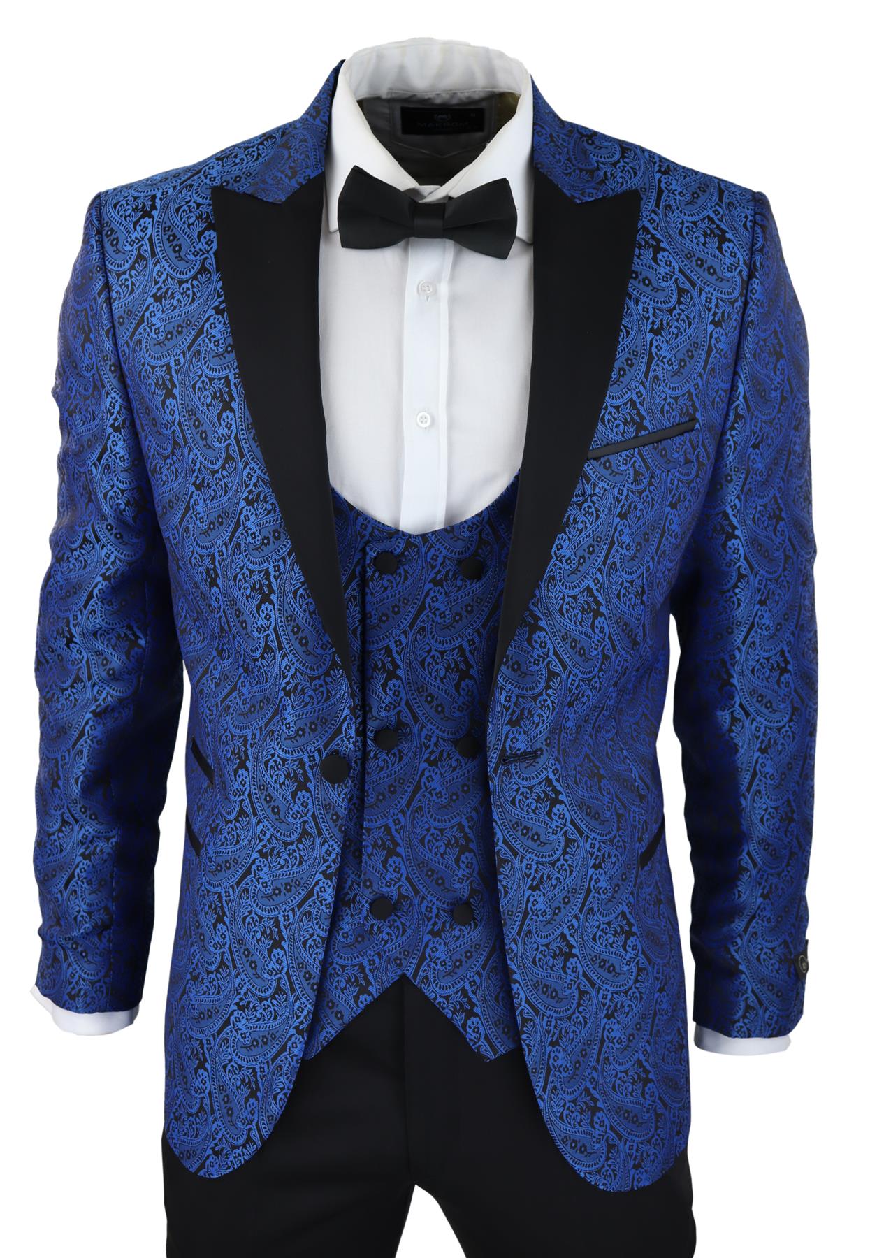 Blauer Herren-Smoking-Blazer, Brokat-Weste, schwarzer Satin-Paisley-Dinner-Jacke