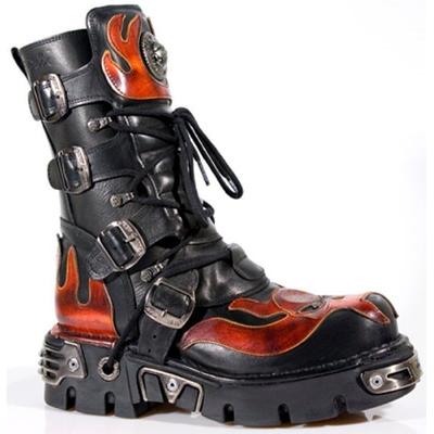 New Rock Flame-Akzent-Bikerstiefel aus schwarzem/rotem Leder mit Totenkopf-Motiv – 107-S1