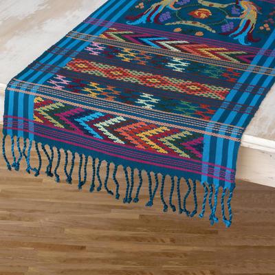 Turquoise Quetzal,'Handwoven Bird Theme Turquoise Cotton Table Runner'