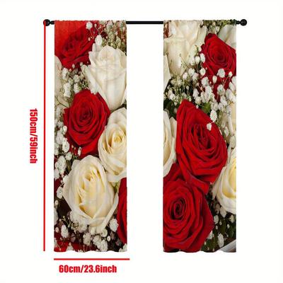 TEMU Bohemian Living Room Decoration Curtain, Rose Printed Curtain - Easy To , Suitable For Living Room And Bedroom, Charm, And Easy To Hang Image