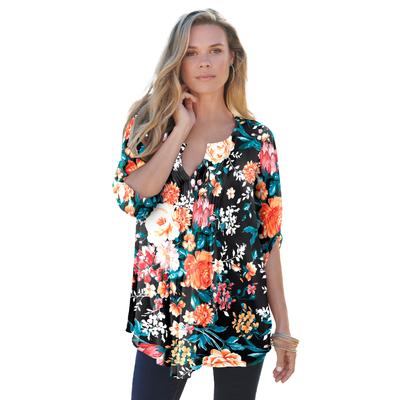 Plus Size Women's Tara Pleated Big Shirt by Roaman's in Black Rose Floral (Size 16 W) Top