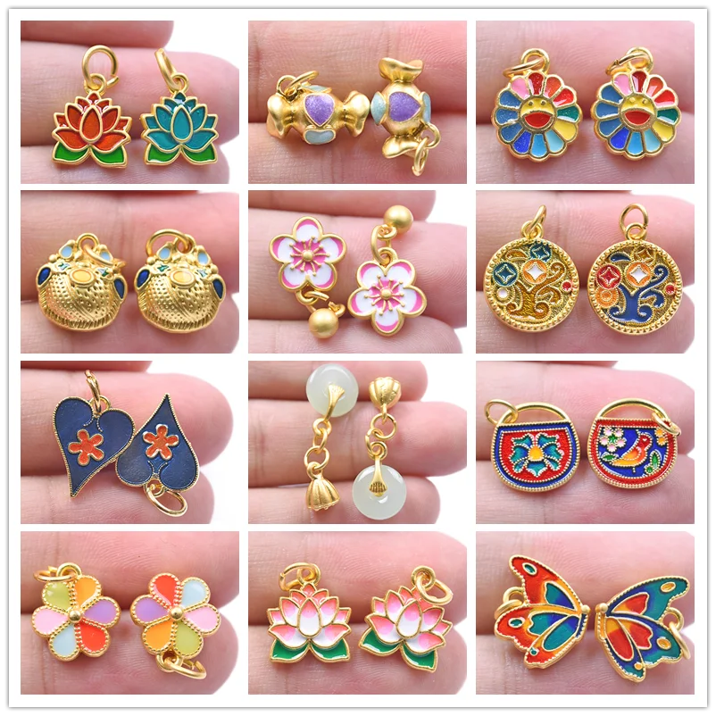 Vintage Ethnische Chinesische Gold Farbe 5 stücke Emaille Lotus Blume Charms Für Schmuck Machen Liefert Schmetterling Sonnenblumen Herz Anhänger