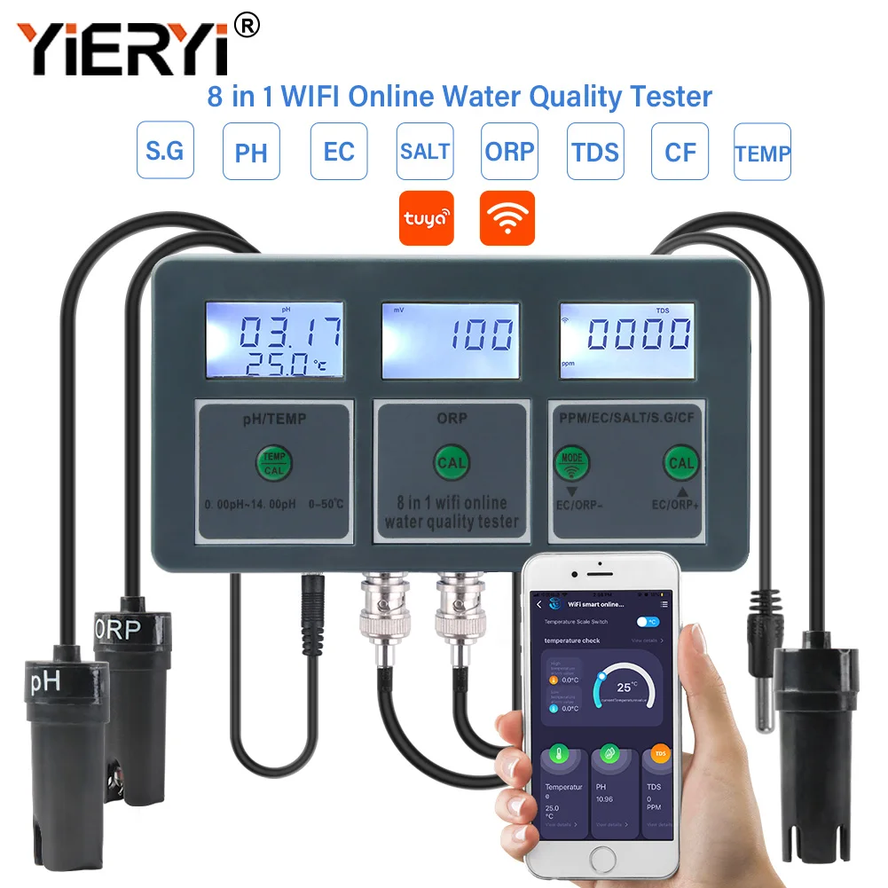Yieryi WiFi Tuya Smart PH ORP TDS EC SALT S.G TEMP CF Monitor Messgerät Aquarium Wasserqualität Datenlogger Detektor Pool Spa Tester Image