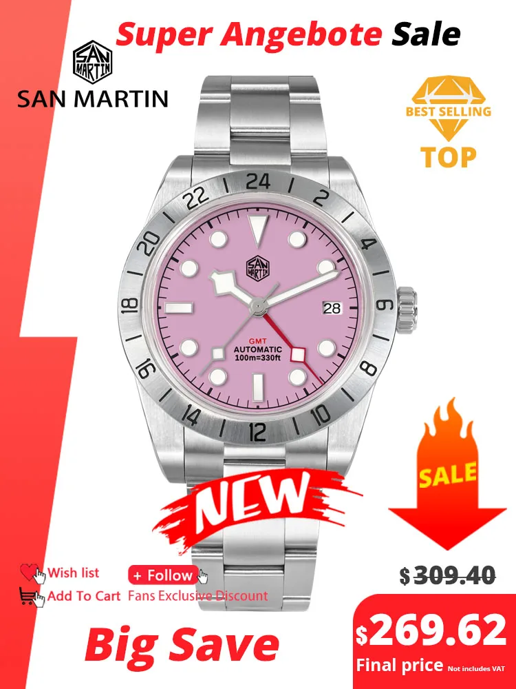 San Martin Rosa Zifferblatt BB GMT NH34 39mm Klassische Luxus Business Herrenuhr Automatische Mechanische Saphir Wasserdicht Uhren SN0054 Image