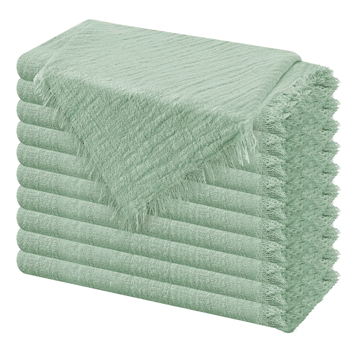 10 Stück 32 x 32 cm Gaze-Baumwoll-Hochzeitsservietten, wiederverwendbar, grünes Besatz, Geschirrtuch, rustikale Retro-Grate-Servietten für Party-Tischdekoration