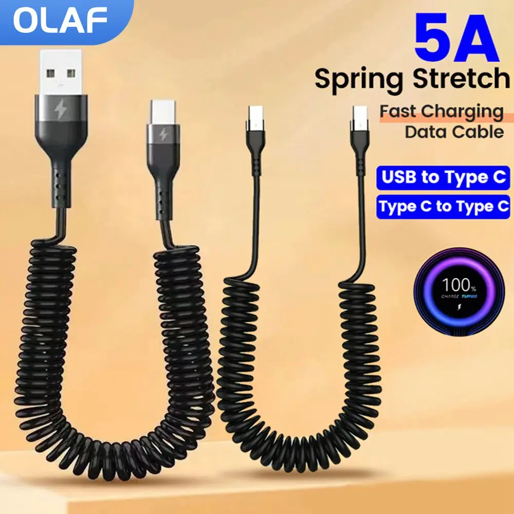 Cavo di ricarica rapido per auto a molla USB tipo C da 66 W 5A per Xiaomi Redmi Huawei Cavo dati da tipo C a tipo C per iPhone 15 Cavo USB c