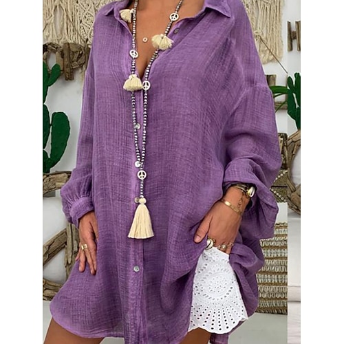 Damen Minikleid Kunstbaumwollleinen Hemdblusenkleid Weißes Kleid Freizeitkleid Lässig Täglich Outdoor Urlaub Lässiger Schnitt Einfarbig Langarm Hemdkragen Blau Schwarz Weiß Purpur Sommer Frühling Image