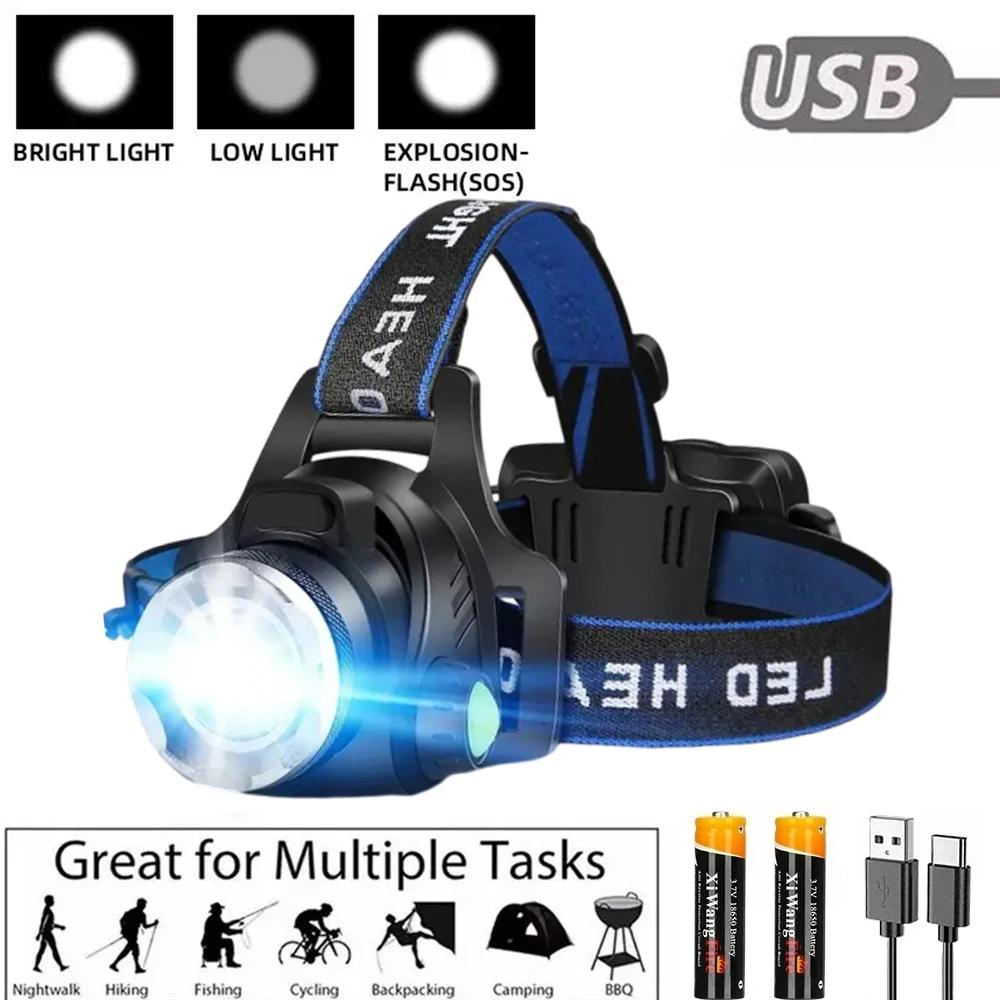 Leistungsstarker LED-Scheinwerfer, 18650-Akku, wiederaufladbarer USB-Scheinwerfer, zoombare, wasserdichte Kopf-Taschenlampe für Camping, Angeln im Freien Image