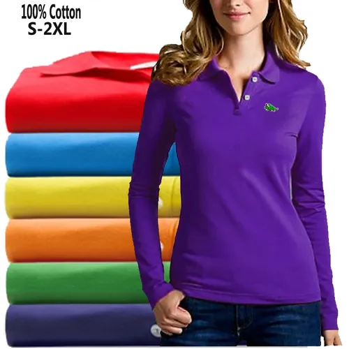 100% baumwolle Hohe Qualität Lange Hülse der Frauen Polos Shirts Casual Stickerei-Logo Revers Damen