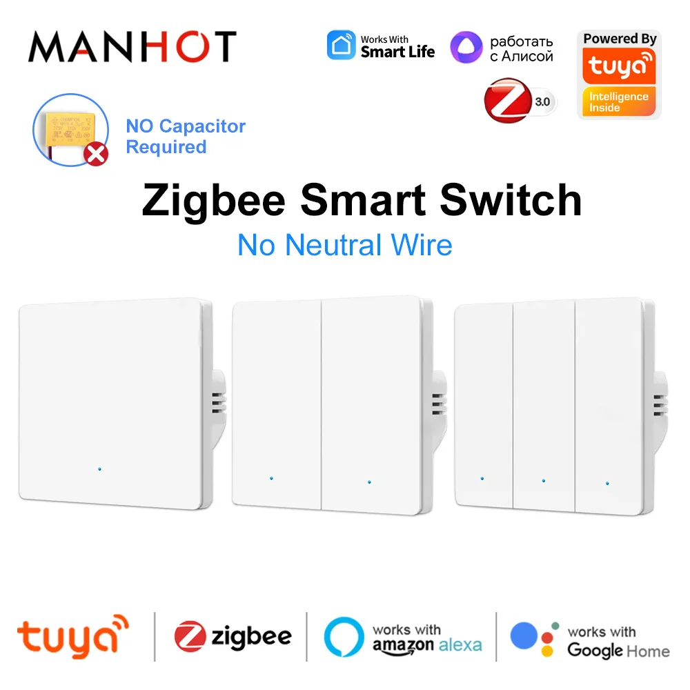 Tuya zigbee smart lichtsc halter eu druckknopf physik wand schalter 100-240v arbeiten mit alexa google home kein kondensator erforderlich Image