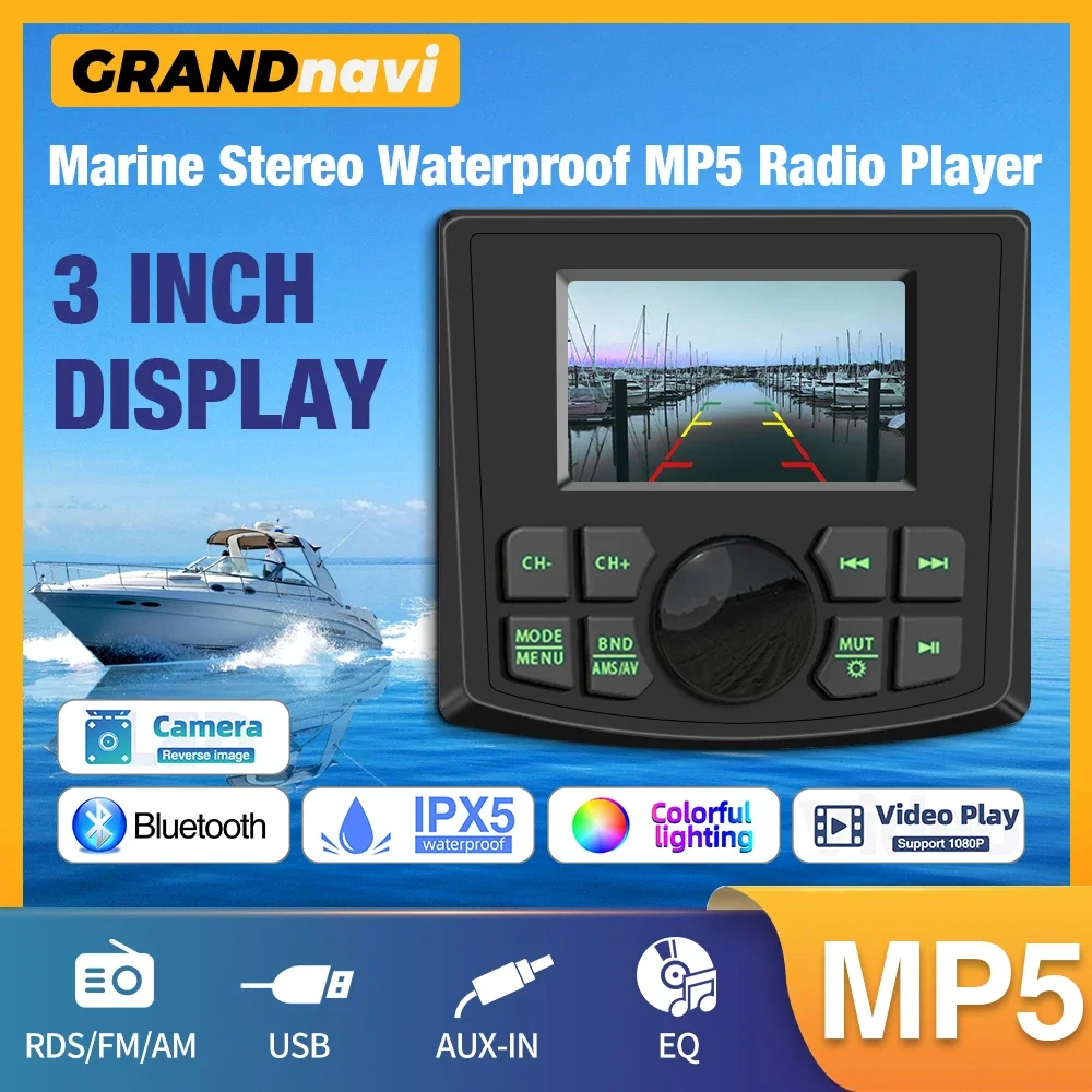 GRANDnavi Marine Stereo Boot MP5 Radio Player Wasserdicht IPX5 AUX Bluetooth FM AM RDS Audio Für Yacht Gauge ATV UTV SUV Warenkorb SPA Image