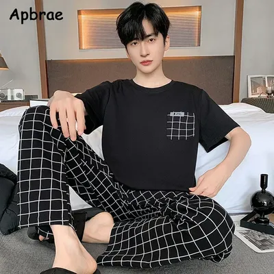Neue Sommer Weiche Baumwolle Pyjamas Set für Männer Mode Oansatz Pyjamas Kurzarm Plaid Hosen Hause Anzug Plus Größe L-4XL pijamas Image