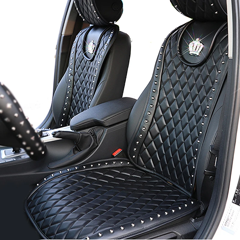 Leder Auto Sitz Abdeckung Diamant Krone Nieten Auto Sitzkissen Innen Zubehör Universal Größe Vordere Sitze Abdeckungen Auto Styling Image