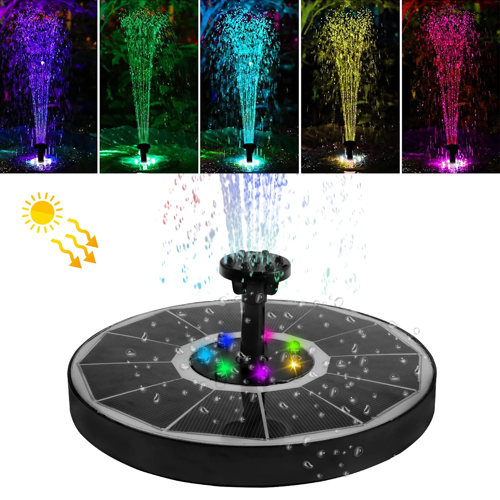 Farbe 7 LED-Licht Solarbrunnen 2,5/3,5 W 8 Düsen Wasserpumpe im Freien Vogelbad Garten schwimmender DIY-Spülkasten automatische Sauerstoffanreicherung Image