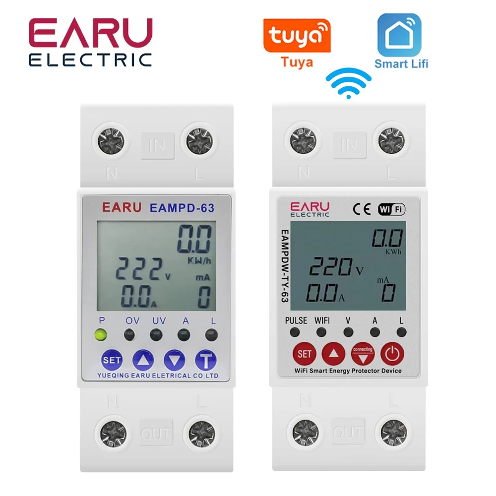 Tuya App Wifi Smart Breaker Schaltung 2p 63a Erdschluss über Unter spannungs schutz einstellbarer Strom Relais schalter kWh Meter Image