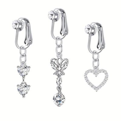 3pcs Rhinestone Dangle Fake Belly Button Ring Clip, Non Piercing Navel Ring, Ear Clips
