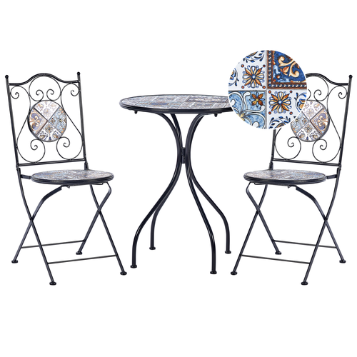 Balkon Set Schwarz u. Blau aus Metall Mosaik Muster mit 2 Stühlen 1 Tisch Outdoor Terrassenmöbel Gartenmöbel Balkonmöbel