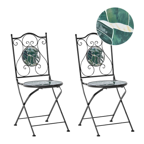 Gartenstühle 2er Set Schwarz u. Grün aus Metall Mosaik Muster Zusammenklappbar Klappstühle Outdoor Terrassenmöbel Gartenmöbel Balkonmöbel